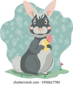 The Easter bunny is holding an Easter egg in its paws. Vector flat style illustration.