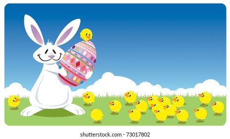 Easter bunny holding Easter egg surrounded by chicks
