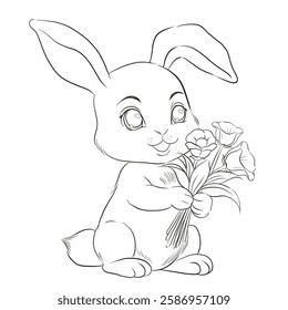 Easter Bunny Holding Flowers Vector Illustration. Animal coloring printable drawing for children