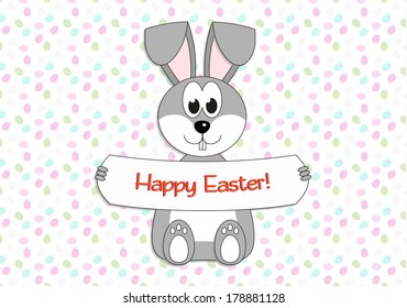 Easter bunny holding Happy Easter! sign with colorful eggs background