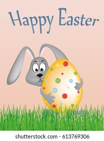 Easter bunny holding a large decorated egg. Rabbit on the grass. Greeting card for the holiday. Empty space for text. Vector