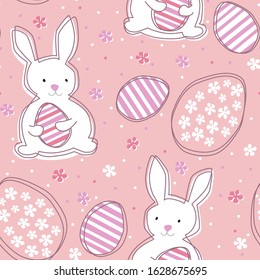 Easter bunny holding large egg seamless pattern with peach pink background. Vector repeat design with traditional spring holiday symbols for baby girl textile, gift decorative wrapping, packaging.