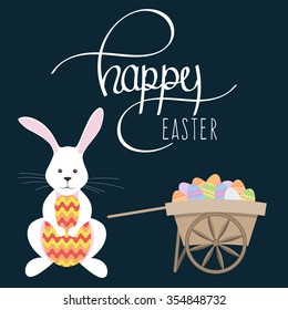 Easter Bunny holding in its paws an Easter egg. Truck with Easter eggs. Hand writing Happy Easter. Vector illustration