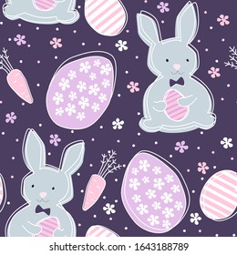 Easter bunny holding pink egg seamless pattern with violet background. Vector repeat design with traditional cрristian Pascha symbols for kids, baby gift decorative wrapping, packaging, party decor