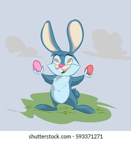 Easter Bunny holding a pink egg and smiling, two eggs on the ground.