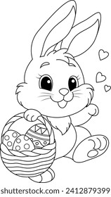 Easter Bunny holding a small wicker basket of decorated eggs coloring page, black and white vector cartoon illustration