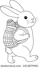 Conejo de Pascua con una pequeña canasta de mimbre de página de coloreado de huevos decorados, ilustración de caricatura vectorial en blanco y negro