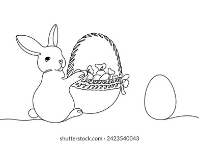The Easter bunny holds a basket of sweets. A character who brings treats for children. Vector illustration. Images produced without the use of any form of AI software at any stage. 