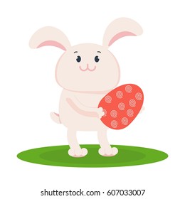 Easter bunny holds big easter eggs and smiles happily. Easter cards, decor. Flat vector cartoon illustration. Objects isolated on a white background.