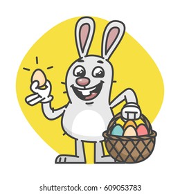 Easter Bunny Holds Egg and Basket With Eggs. Vector Illustration. Mascot Character.