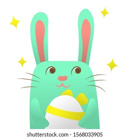 Easter bunny holds an egg. Isolated background, stars. Cute turquoise hare. card with a hare. easter invitation. spring holiday. vector illustration