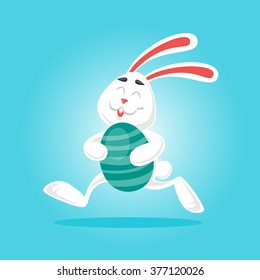 Easter bunny holds in paws an egg and runs. Character design. Flat design vector illustration.