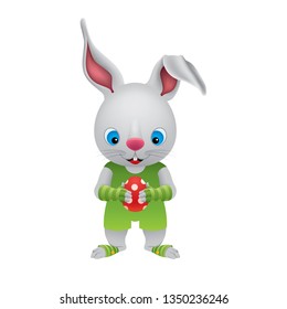 The Easter Bunny holds a red polka dot Easter egg in its paws. Character design in a cartoon style. Vector.
