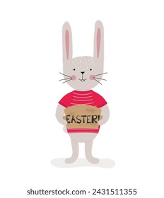 The Easter bunny holds a sign in his paws that says Easter. Pointer. Rabbit hand drawn with natural brushes. Christ is risen. Horizontal poster, Easter card, Happy Easter banner.