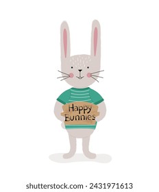 The Easter Bunny holds a sign in his paws that says "Happy Bunnies." Pointer. The rabbit is painted by hand with natural brushes. Christ is risen. Horizontal poster, Easter card, Happy Easter banner.