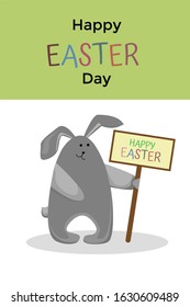 Easter bunny holds sign saying Happy Easter on white background. Cute easter card.