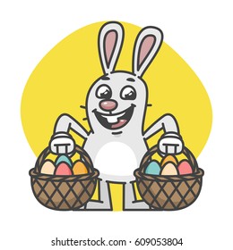Easter Bunny Holds Two Baskets with Eggs. Vector Illustration. Mascot Character.