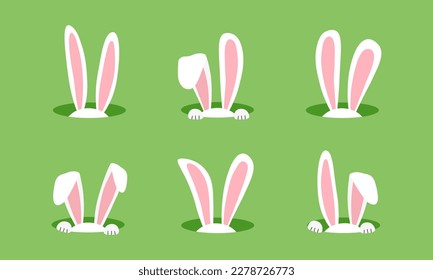 Easter bunny in hole, ears rabbit, cartoon funny character on green background. Cute animal vector illustration