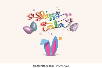 Easter bunny in the hole with Happy Easter ribbon in rainbow colors,eggs and confetti isolated on a light background.Vector illustration.