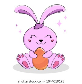 Easter bunny for holiday. Cute pink rabbit, cartoon character sitting with a colored egg. Vector illustration on white background.