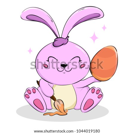 Easter bunny for holiday. Cute pink rabbit, cartoon character with brush and colored egg. Vector illustration on white background.