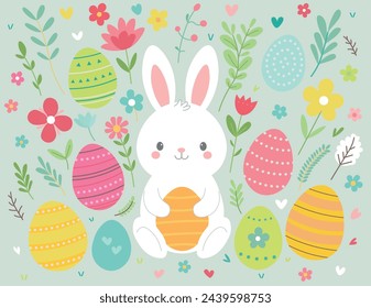 Easter bunny and holiday eggs collection, plants, flowers and branches. Charming Easter set with a cute, white rabbit holding a yellow egg. Surrounded by a variety of colorfully decorated eggs