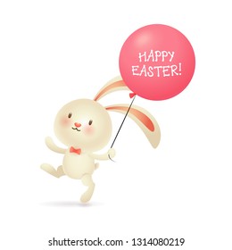 Easter bunny hopping with balloon. Happy small rabbit celebrating Easter holiday. Can be used for topics like spring, celebration, animal