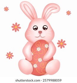 Easter bunny hugging a beautifully patterned Easter egg.