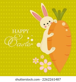 Easter Bunny hugging a big carrot.Happy easter card.