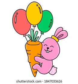 easter bunny hugging carrots. cartoon illustration sticker mascot emoticon