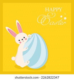 Easter Bunny hugging an egg. Postcard for happy easter.