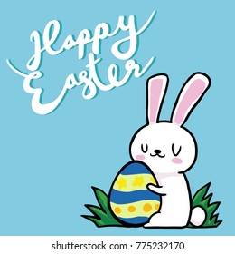 Easter Bunny hugs Easter Egg with Happy Easter typography card