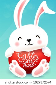Easter bunny hugs egg with holiday greeting lettering typography quote. Easter egg hunt. Cute smiling white rabbit. Vector illustration