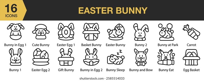 Easter Bunny icon set. Includes bunny, easter, rabbit, cartoon, cute, and More. Outline icons vector collection.