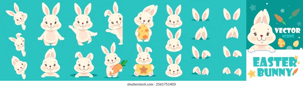 Easter bunny icon set. Stickers with charming white rabbit expressing different emotions. Bunny or hare holding carrot and Easter egg. Cartoon vector illustration collection isolated on background