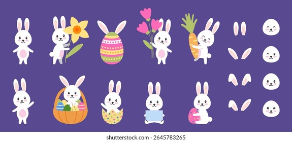 Easter bunny icon set. Stickers with cute rabbits, bunnies or hares with Easter egg, carrots and spring flowers. Design Elements for Holiday. Flat vector illustration collection isolated on background