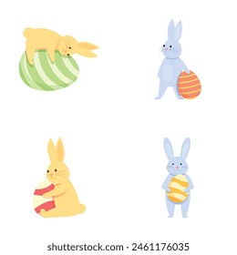 Easter bunny icons set cartoon vector. Cute rabbit and easter egg. Spring religious holiday