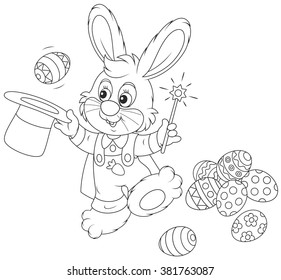 Easter Bunny Illusionist With A Magic Wand Pulling Out Decorated Eggs From A Wizard Hat