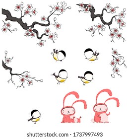 Easter bunny illustration collection with cherry flowers and birds. Cartoon set isolated. EPS10 vector file.