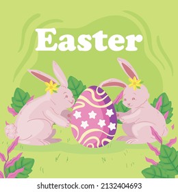 ilustración de conejo de pascua con huevos decorativos