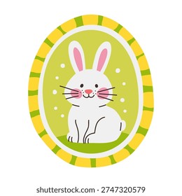 Easter bunny illustration inside decorative egg frame spring holiday rabbit pastel green background smiling character ornamental border vector