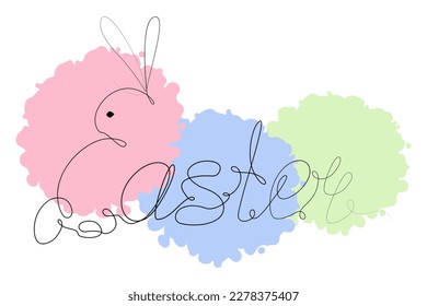 Easter bunny and Easter inscriptions in one continuous line against the background of abstract spots
