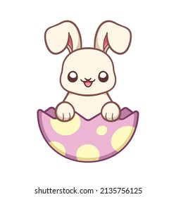 Easter bunny inside cracked egg, cute cartoon illustration