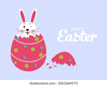 Easter bunny inside a cracked easter egg flat style illustration. Cute Easter winking Rabbit. Happy Easter concept. Vector illustration