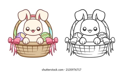 Easter Bunny Inside Woven Basket With Colorful Easter Eggs Cartoon Illustration. Easy Coloring Work Sheet For Kids