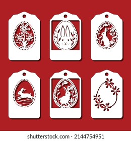 Conejo de Pascua en huevos Etiqueta. Huevos ornamentales blancos para corte láser sobre fondo rojo. Iconos para tarjeta de saludo