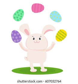 Easter bunny juggles with eggs and smiles happily. Easter cards, decor, congratulations. Flat vector cartoon illustration. Objects isolated on a white background.