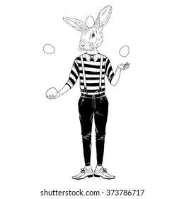 Easter bunny juggling eggs, furry art illustration, Happy Easter