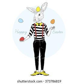 Easter bunny juggling eggs, furry art illustration, Happy Easter