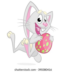 Easter bunny jumping with colored egg. Vector illustration of a grey bunny character jumping with Easter colored egg